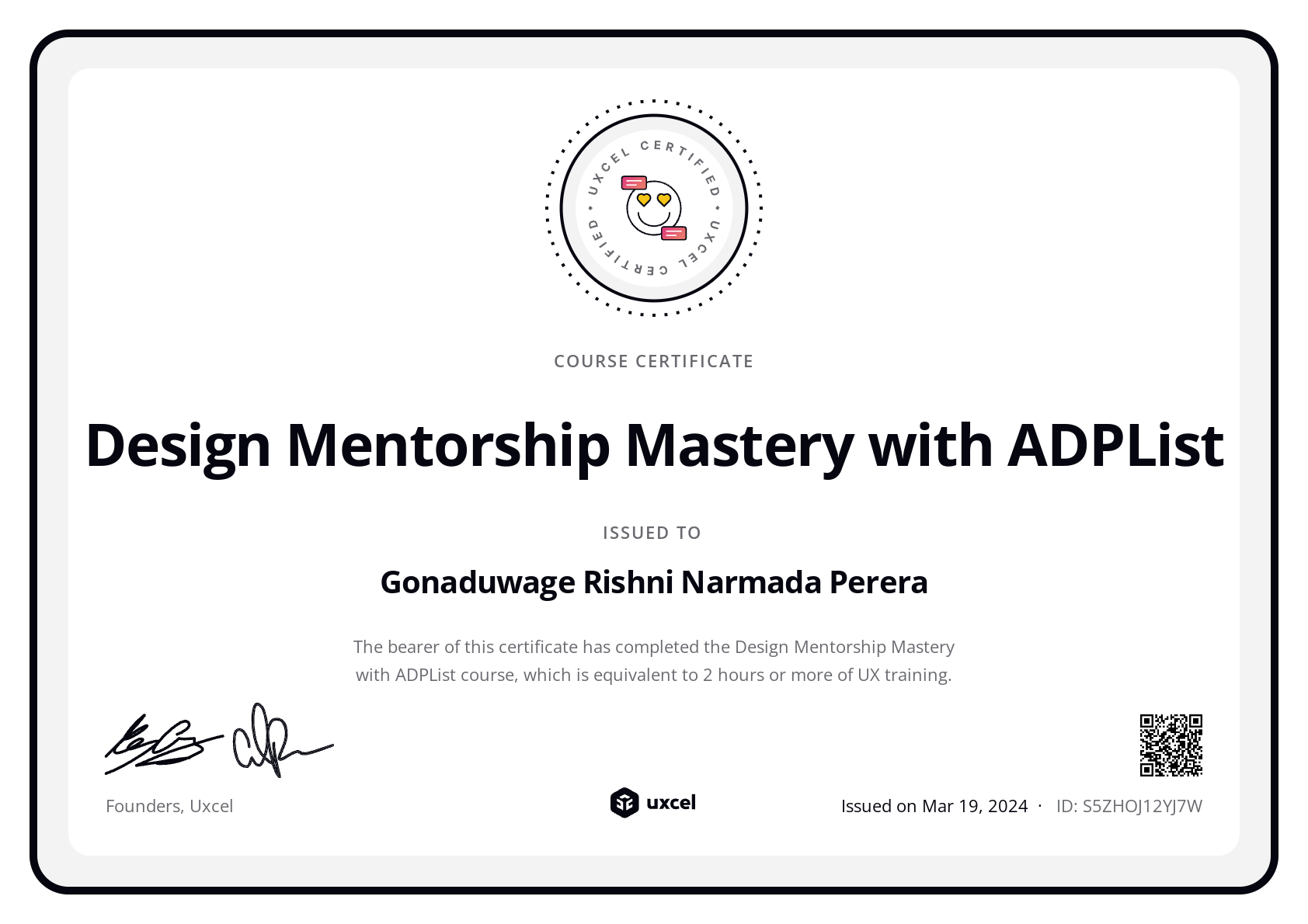 Gonaduwage Rishni Narmada Perera's certificate